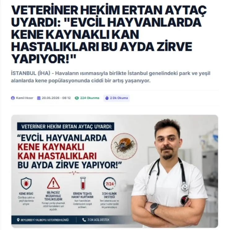 VETERİNER HEKİM ERTAN AYTAÇ UYARDI: "EVCİL HAYVANLARDA KENE KAYNAKLI KAN HASTALIKLARI BU AYDA ZİRVE YAPIYOR!