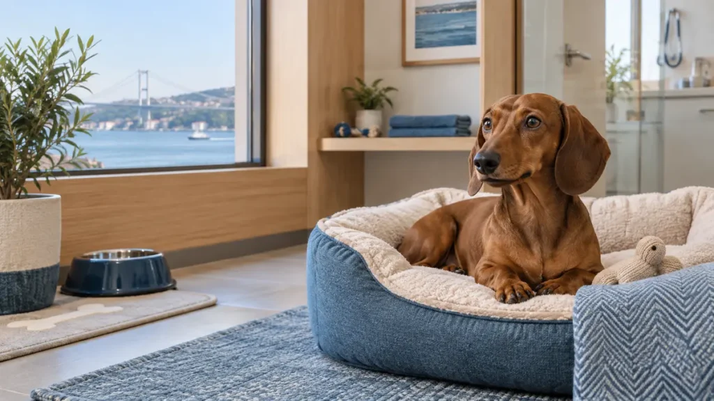 Veteriner kontrollü pet otelde konaklayan kahverengi dachshund Mugo