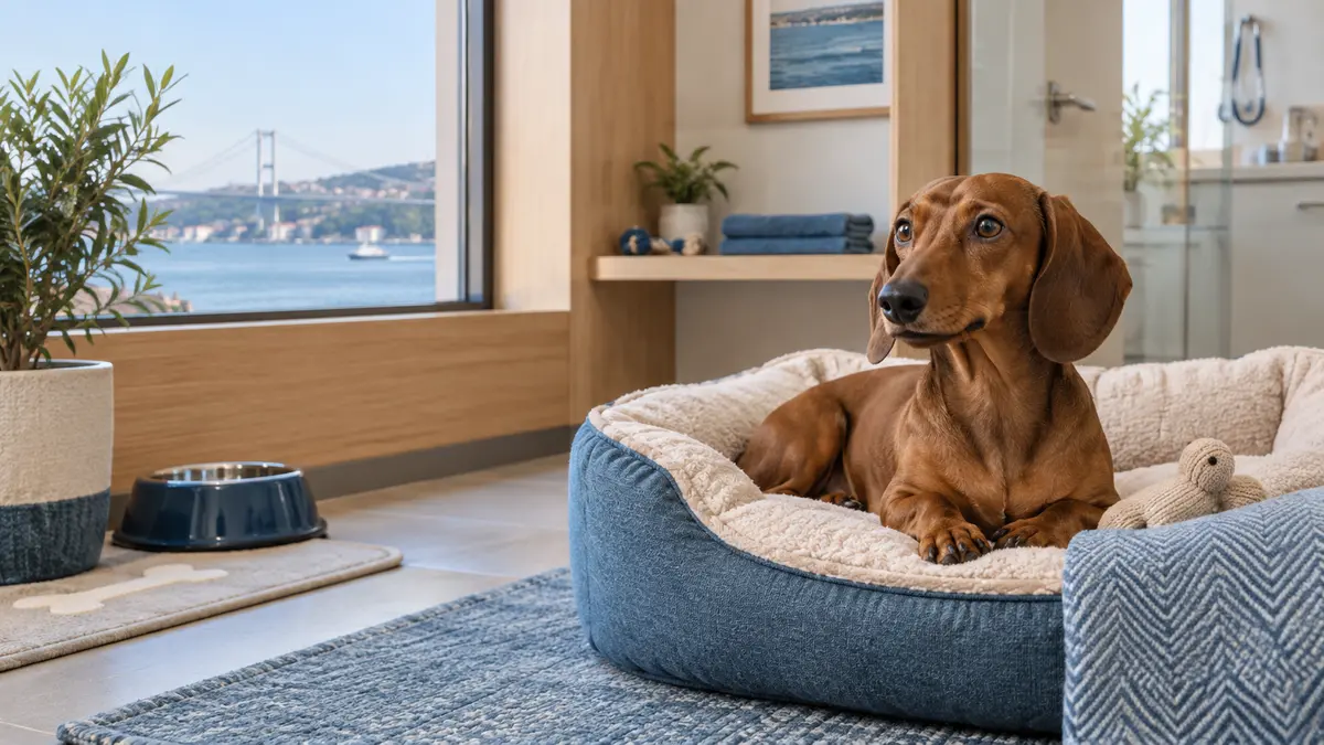Veteriner kontrollü pet otelde konaklayan kahverengi dachshund Mugo