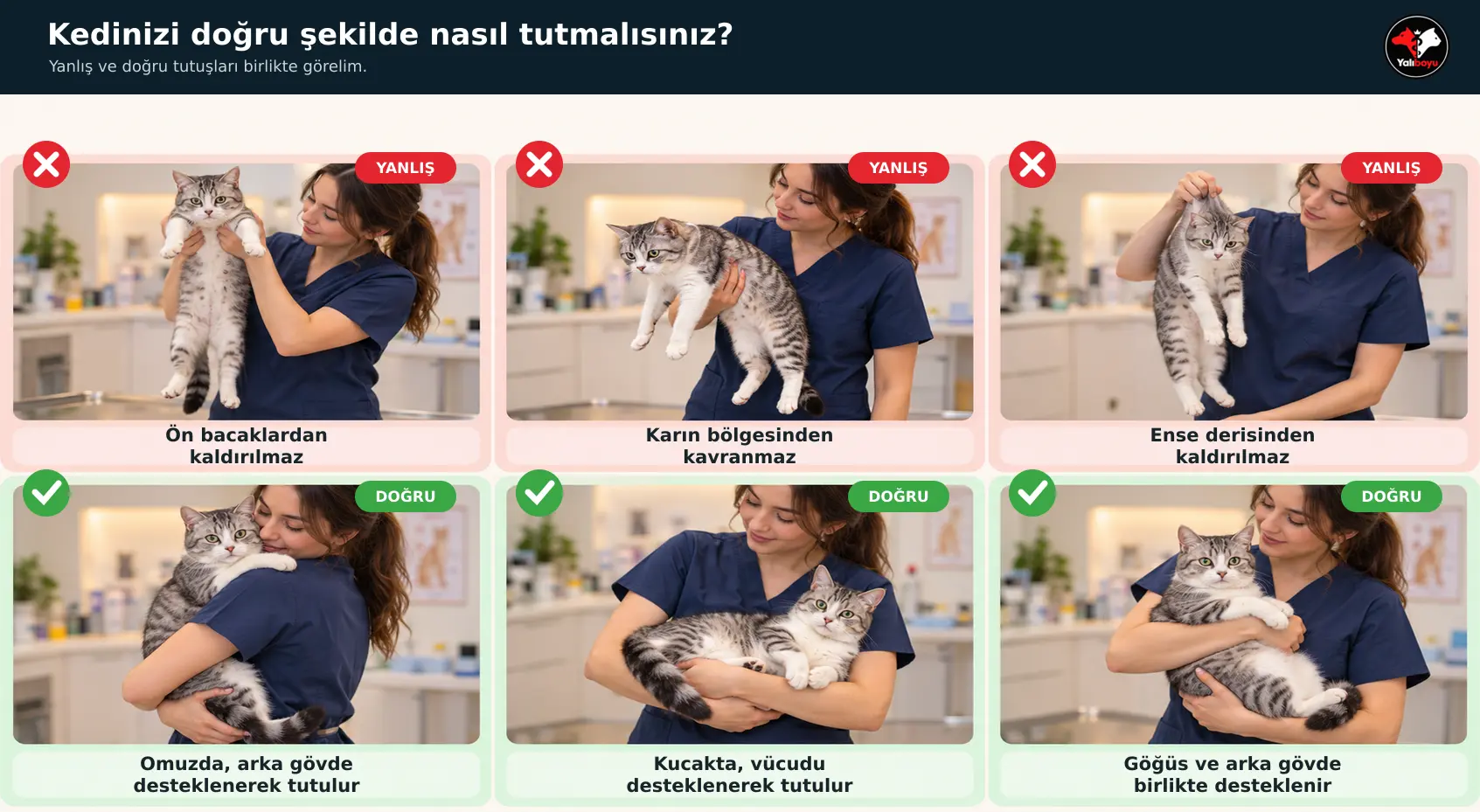 Kedilerde üç yanlış ve üç doğru tutuş şeklini gösteren Yalıboyu Veteriner Kliniği bilgilendirme görseli